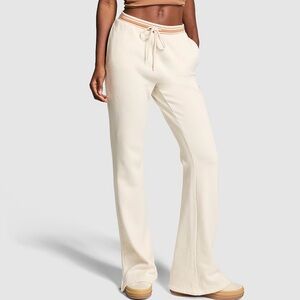 VICTORIAS SECRET PINK IVY FLEECE HIGH-RISE CREAM/TAN FLARE PANTS NEW! SzXL